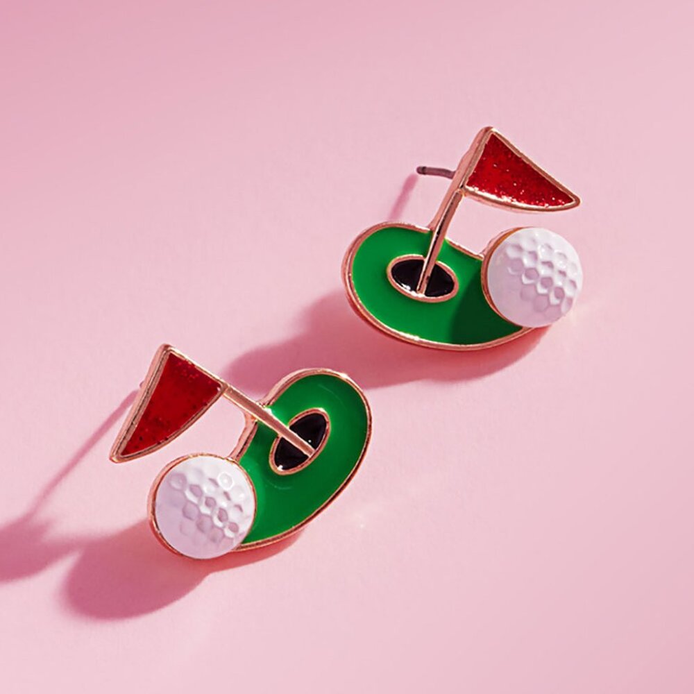 Golf Ball Hole Flag Stud Earrings NEW